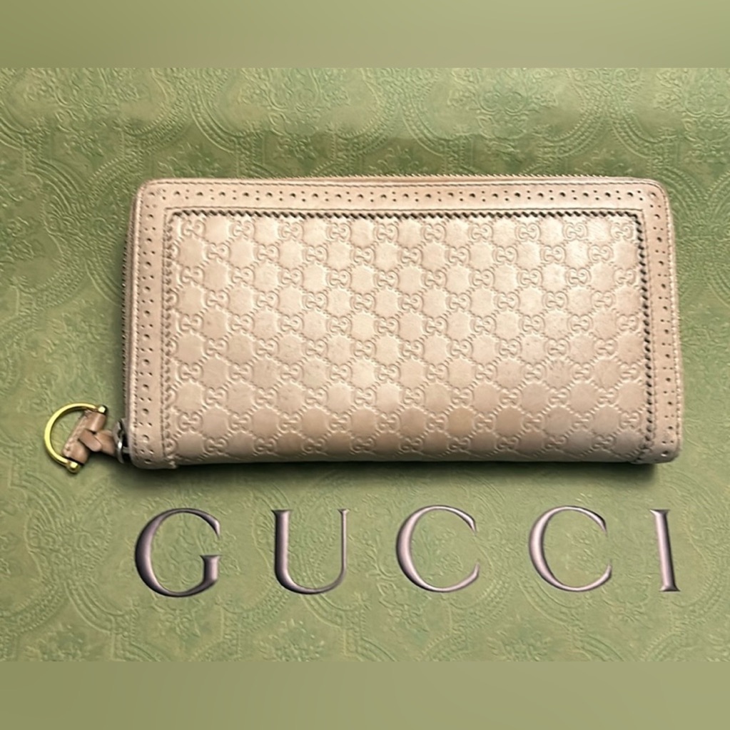 Gucci Guccisma Micro Gg Tan Leather Long Zip Around Wallet